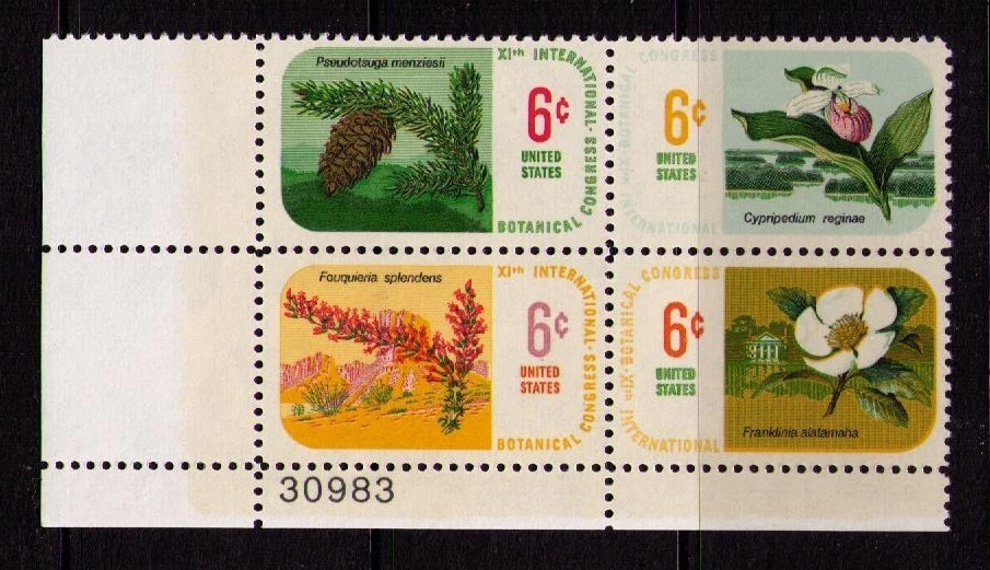 US USA Sc# 1379a MNH FVF Plate # Block Fir Tree Pine Cone Lady Slipper Flower - Image 1 of 1
