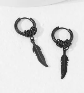 Pendientes Pluma Negra - Pendientes Colgantes Aro Gota - Imagen 1 de 3