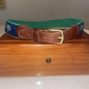 Preston Boys Belt Size 24 Leather Ribbon Canvas Brass Navy Green fish*READ - Picture 1 of 16