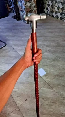 Bastón de madera con mango de cabeza de martillo de diseño victoriano de latón bastón regalo Foto 1 de 3