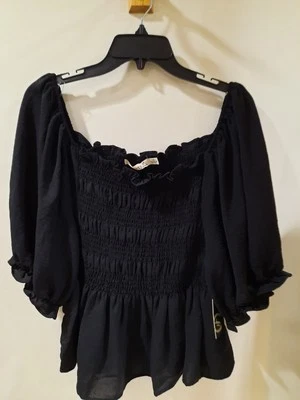 New Liberty Love Juniors Plus Size 1x Black Stretchy Ruffle Blouse Flattering  - Image 1 of 4