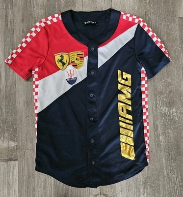 Camisa de carreras para hombre M Rebel Minds abotonada roja blanca azul metálica dorada Foto 1 de 4