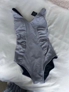 John Lewis Side Touched Navy Striped V Neck Medium Control Swimsuit Uk 10 New - Picture 1 of 5