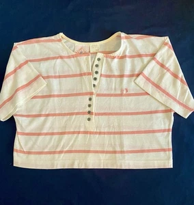 Vintage Hang Ten Crop Top Boxy Henley T-Shirt Pink Stripe Womens L Beach Surf - Picture 1 of 13