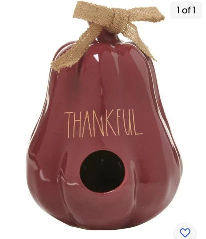 Rae Dunn "Thankful" Burgundy w Gold Gourd Shaped Birdhouse 8" x 6" NEW IN BOX Cover
