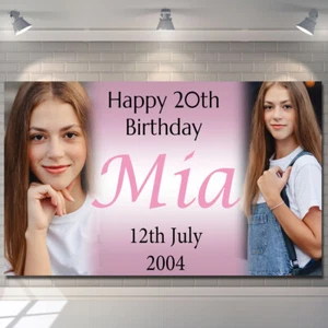 Personalisiertes Happy Birthday Banner Foto Blau Rosa Schwarz Personalisiert Party Poster - Bild 1 von 4