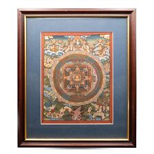 Vintage Hand-Painted Tibetan Buddha Mandala Thangka / Tangka on Canvas. Framed.