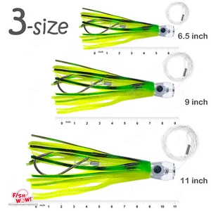3pcs Chartreuse 6.5" 9" 11" Fishing cup Trolling Marlin skirt rig Resin Head NEW - Picture 1 of 6