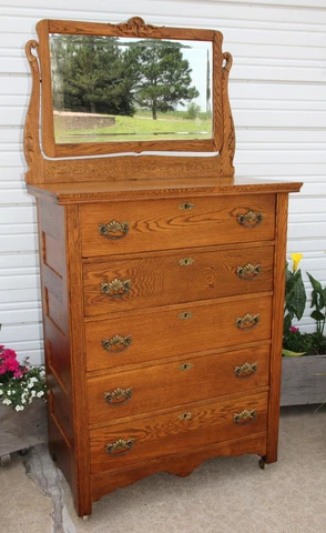 Antique Oak Highboy Chest of Drawers Beveled Mirror Applied Leaf Carvings & Key Cover