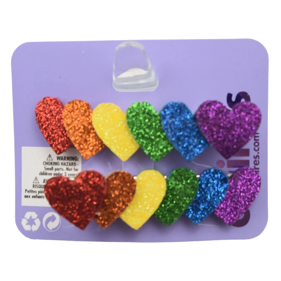 Claires Barrettes Hair Clips Rainbow Colored Glitter Hearts Set of 2 Clips