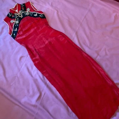 Vintage cheongsam  sheath dress embroidered bands red silk satin woman’s sz.XS - Image 1 of 4