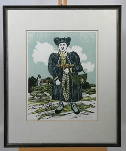 Farbholzschnitt Wolfgang Huss 1984 Dachauer Tracht Bäuerin Dachau - Bild 1 von 4