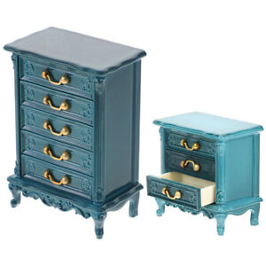 2pcs 1:12 Mini Wooden Cabinet Dollhouse Furniture Blue Decorative Accessory-OW