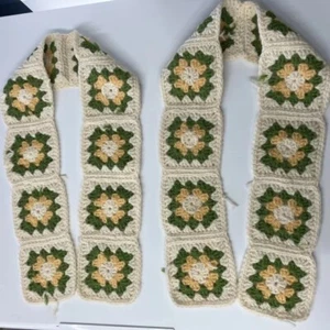 2 Vintage Handmade Crochet Granny Square White Yellow Green Scarf  Boho - Picture 1 of 11