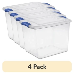 (4 pack) Small Storage Bin, 27 Quart Clear Plastic & Latch Lid, Blue - Picture 1 of 8