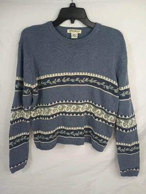 Suéter feminino vintage anos 80 Eddie Bauer tamanho S malha azul folha grega Hong Kong - Imagem 1 de 4