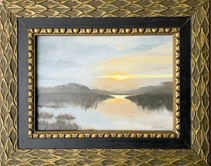 Framed Orig. Oil Landscape Painting Sunset Lowcountry "Stillgold" Signed 8x10 - Picture 1 of 8