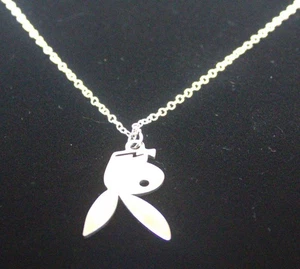Polished SS Upside Down Playboy Necklace Pendant Bunny 20" 925 plated Rolo Chain - Picture 1 of 4