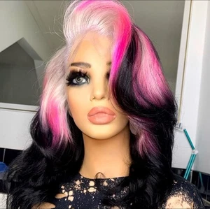 Pelucas rubias raíces negras rosa resaltadas coloridas pelucas delanteras 100 % cabello humano encaje - Imagen 1 de 4