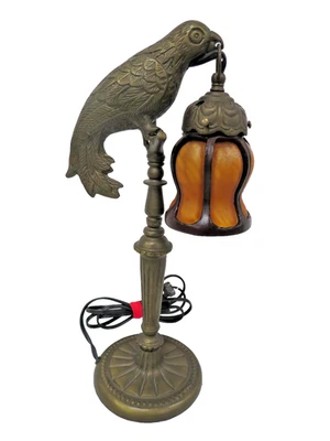 Lámpara de mesa pájaro loro ámbar escoria pantalla de vidrio estilo Art Deco tono bronce pesado Foto 1 de 4