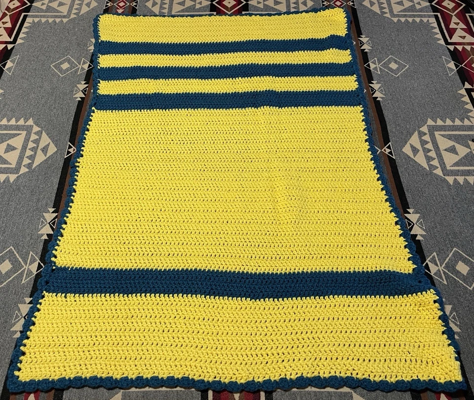 Manta afgana de ganchillo hecha a mano amarillo azul a rayas Ucrania 28x40 M4 Foto 1 de 4