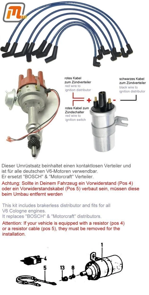 FORD Sierra MK1 distribuidor de encendido V6 2,0-2,3l 66-84kW conversión sin interruptores - Imagen 1 de 1