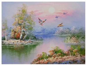 Pintura al óleo original de 12x16 patos en el estanque de Tansten. ¡Lona estirada! - Imagen 1 de 3
