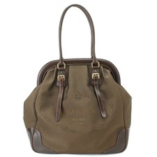 PRADA Rogo Jacquard Tote Bag Canvas Leather Brown Purse 90082904