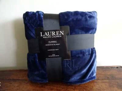 RALPH LAUREN NAVY Blue Micromink PLUSH FLEECE KING Monogram BLANKET - Image 1 of 4