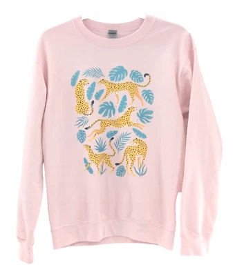 Gildan Pink Tropical Leaves Leopard Cheetah Fitted Sweatshirt Pullover Sz Small - Image 1 of 4