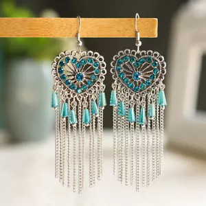 Boho Long Chain Tassel Earrings Heart Love Vintage Ethnic Crystal Earrings - Picture 1 of 21
