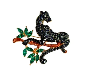 Brooch Leopard Black Rhinestone Crystal Gold Metal Green Leaves - Picture 1 of 13