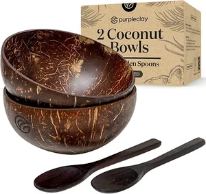 Coconut Bowls and Wooden Spoons Set of 2 - Picture 1 of 7