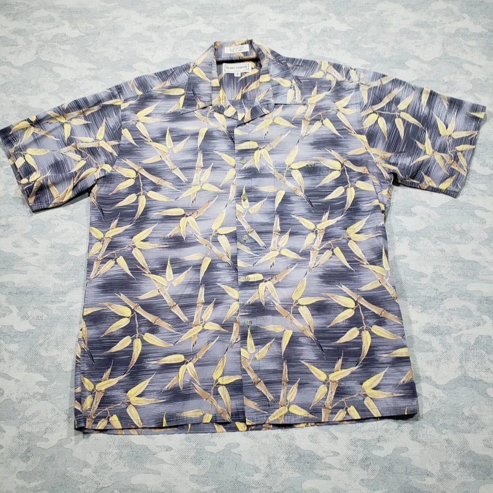 Mario Ferrari 夏威夷衬衫男式中号蓝色竹印花短袖 Aloha — 第 1/4 张图片