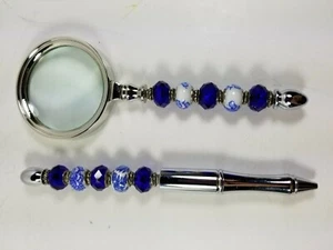 Vintage Handlupe & Stift Set, Kobalt & Blau Delfter Perlen/Silberfarbene Griffe - Bild 1 von 3