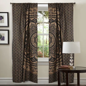 Black Gold Mandala Curtain Indian Tapestry Hanging Window Treatment Door Valance - Picture 1 of 3
