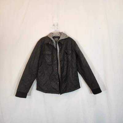 BUCKLE BLACK Standard Fit Black Quilted Faux Leather Grey Hood Jacket Men Medium - Image 1 of 4