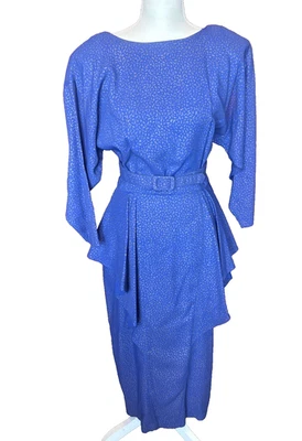 Vintage 80's Brioche California Dress Size 9 Blue Gold Secretary Batwing - Image 1 of 4