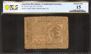 1775 $3 CONTINENTAL CURRENCY FR.CC-13 AMERICAN REVOLUTION NOTE PCGS 15 F (783) - Picture 1 of 2