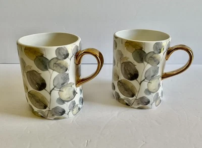 Pier 1 Imports Ceramic Coffee  Mug  Leaves Leaf Modern Gold Handle Set of 2 - Image 1 of 4