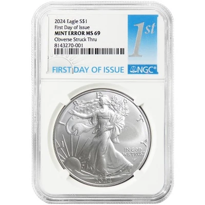 2024 $1 American Silver Eagle NGC MS69 FDI Mint Error Obverse Strike Thru - Image 1 of 2
