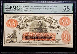 FEMALE RIDING DEER $20 1861 Confederate States Fantasy Banknote, CT-XX, PMG 58 - Picture 1 of 7