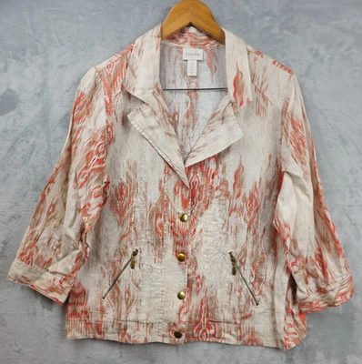 Chico's 3 Linen Button Front Jacket Blazer Zip Pockets Beige Orange Size XL - Image 1 of 4