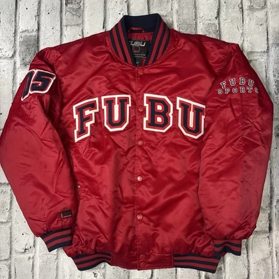 FUBU Sports 05 Jacket Mens Spell Out Snap Button Satin Bomber Varsity Sz L / XL - Image 1 of 4