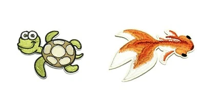 Sea Turtle & Goldfish Patch Embroidered Iron-on Applique Aquarium Tropical 2 Pcs - Image 1 of 4