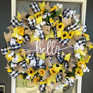 HELLO Black Yellow Sunflower Country Farmhouse Door Deco Mesh Wreath Farmhouse - Picture 1 of 6