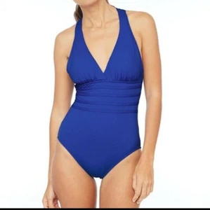 La Blanca Island Goddess Multi Strap Cross Back One Piece Blue Swimsuit Size 6 - Picture 1 of 10