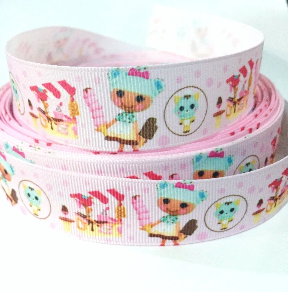 Grosgrain Ribbon 1" Dolls with Kitty Printed for Hairbows USA Seller  - Image 1 of 1