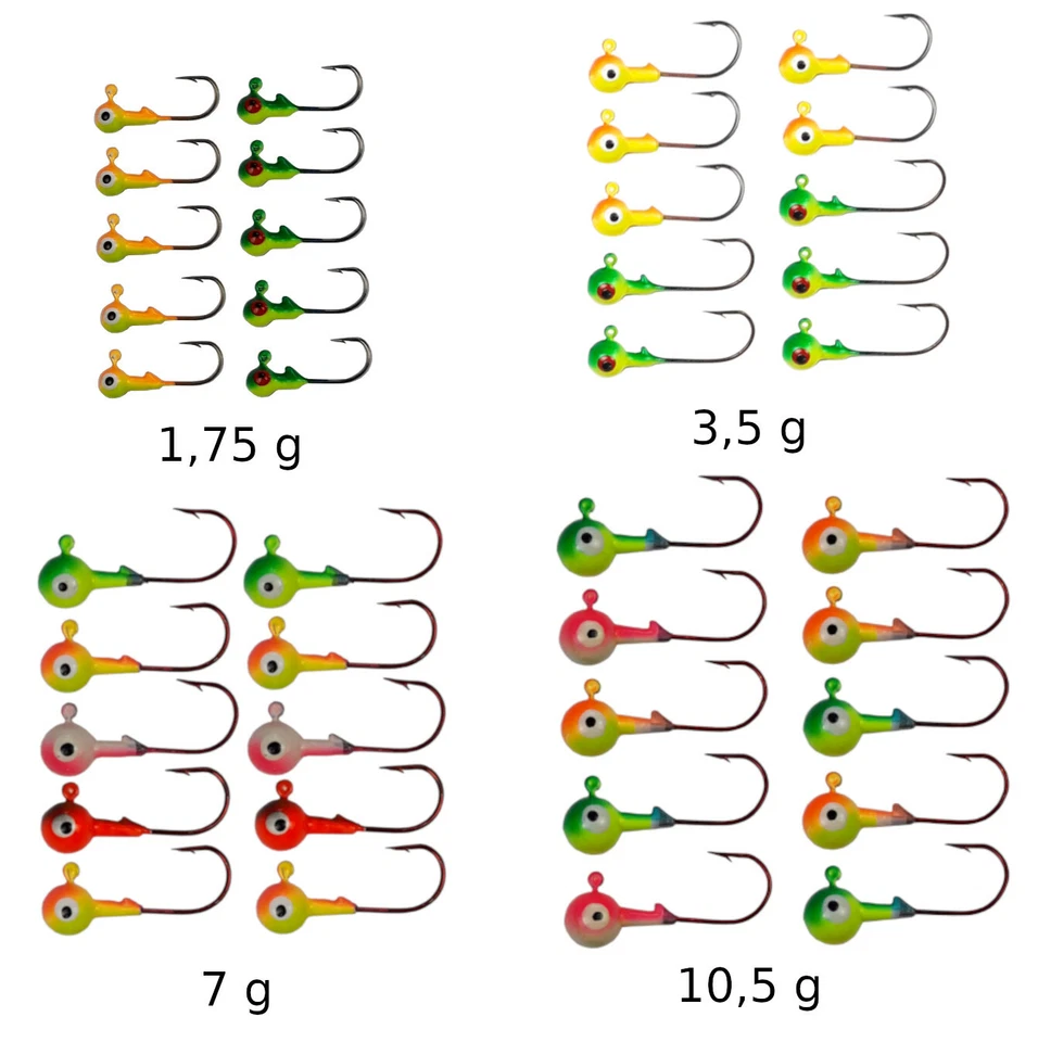 10er Pack JIGKÖPFE Set 1,75-10,5g Rund Jig Blei Kopf Haken Spin Bait bunt farbig - Bild 1 von 1