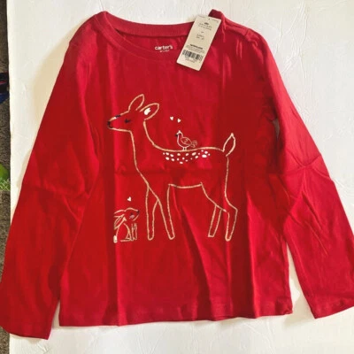 Carter's Kids Red Long sleeve Shirt Girls Reindeer Glitter NEW - Image 1 of 3